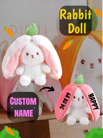 Customizable Plush Rabbit Stuffed Animal Doll, Suitable As Gift For All Ages, Can Customize Name And Birthday, Special Meaning, Heat Transfer Printing, Vibrant Custom Colors, High-Quality Customized Plush Rabbit Doll, For Decoration, Back To School Gift/Birthday Gift/New Mom Gift