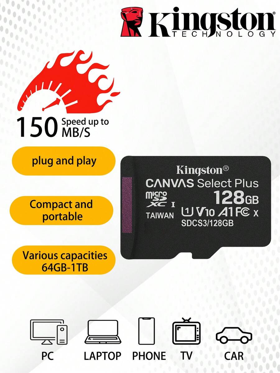 Kingston Canvas Select Plus MicroSD Memory Card With Android A1 Performance Class Micro SD Card Memory Cards SDCS3 64GB 128GB 256GB 512GB 1TB Up To 150MB/S Read TF Flash Card For Smartphone - Multicolor - View 1
