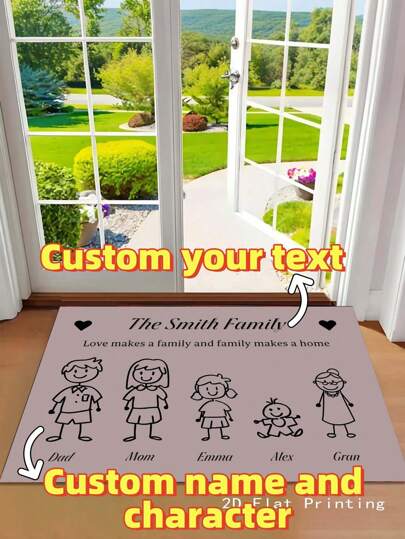 1pc Customized Cartoon Character Name Text Anti-Slip Felt Floor Mat, Creative Funny Personalized Textile Home Carpet Rug