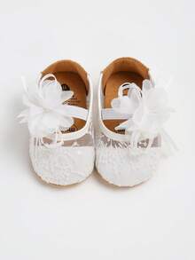 女婴玛丽珍鞋，防滑橡胶底芭蕾平底鞋，公主裙婚鞋，新生儿学步鞋 - 白色 - 查看 4