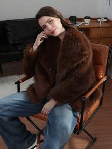 HH Faux Fur Jacket For Women Elegant Solid Lapel Long Sleeve Coat Casual Loose Female Winter Oversize Lady Chic Streetwear Jakcets - 紫紅色 - 查看 10
