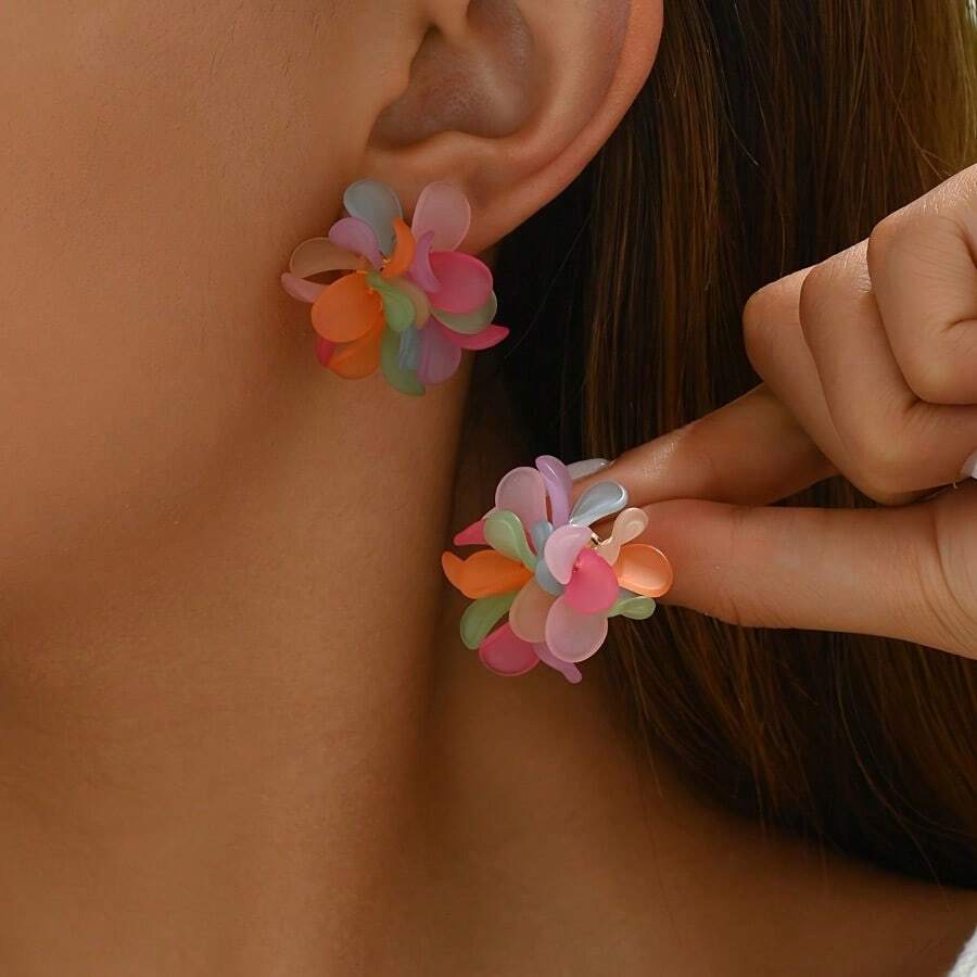 A Pair Of Bohemian Style Floral Earrings - Colorful Acrylic Petals, Suitable For Casual Wear With Daily Outfits - Đầy màu sắc - Xem 1