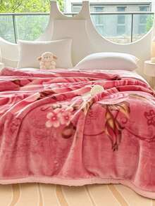 1pc Christmas Floral Pattern Blanket, Soft Double-Layer Raschel Throw Blanket, Long Plush Warm & Cozy For Bedroom, Living Room, Travel