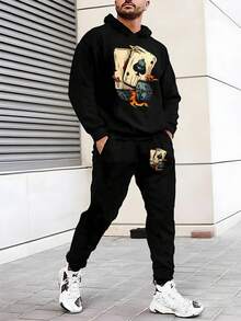 Conjunto de sudadera con capucha para hombres, nueva temporada de primavera y otoño, con estampado de naipes y dados, moda casual, sudadera de manga larga y pantalones, versátil para ejercicio al aire  entretenimiento, conjunto de sudadera con capucha y pantalones de manga larga para hombres