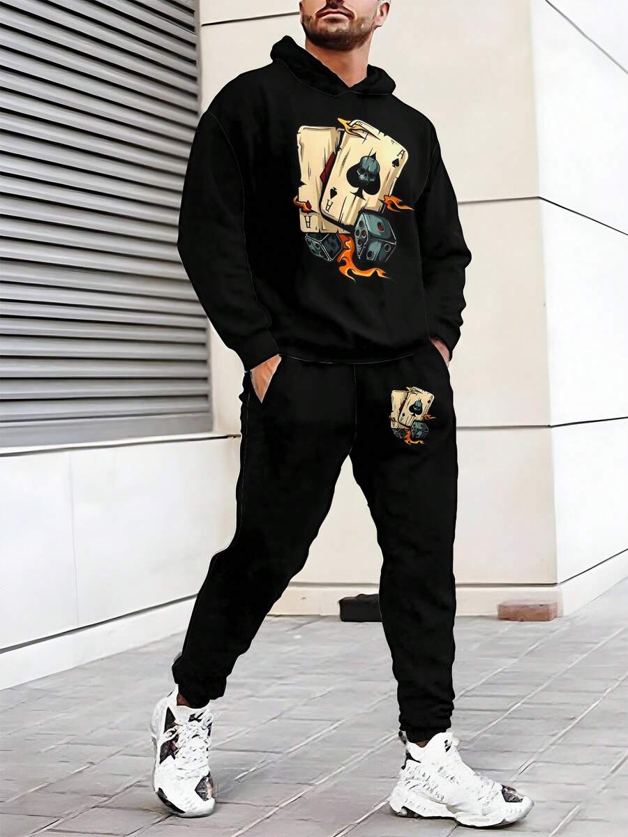 Conjunto de sudadera con capucha para hombres, nueva temporada de primavera y otoño, con estampado de naipes y dados, moda casual, sudadera de manga larga y pantalones, versátil para ejercicio al aire  entretenimiento, conjunto de sudadera con capucha y pantalones de manga larga para hombres