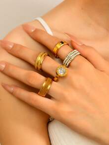 4/5 件精致时尚法式浪漫不锈钢镀18k金双层磨砂戒指双排水钻戒指罗马氧化锆女士金戒指四件套，女士礼物送给女孩的礼物送给妈妈的礼物，适合女性日常佩戴