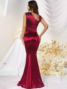 1950s Retro Asymmetric Neckline Mermaid Hem Satin Party Dress Wedding - Red - View 2