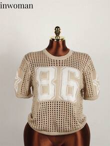 ملابس علوية كاجوال مصنوع من الأنسجة المحبوكة ذو لون أحادي، ملابس علوية كاجوال محبوك بشبكة رقمية بنجمة، رقبة دائرية، أكمام قصيرة فضفاضة