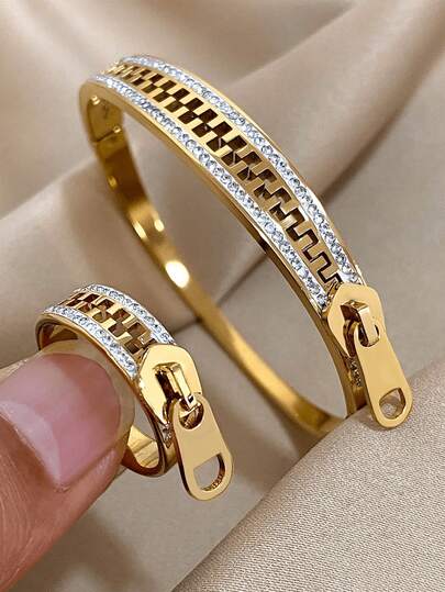 Ensemble de bracelet et bague à fermeture éclair en acier inoxydable, femmes - Bijoux de luxe à motif géométrique, style bohème multicouche réglable. Cadeau pour la fête des mères, essentiel pour la fête de la plage d'été, les voyages et la remise des diplômes, cadeau pour la fête des enseignants.