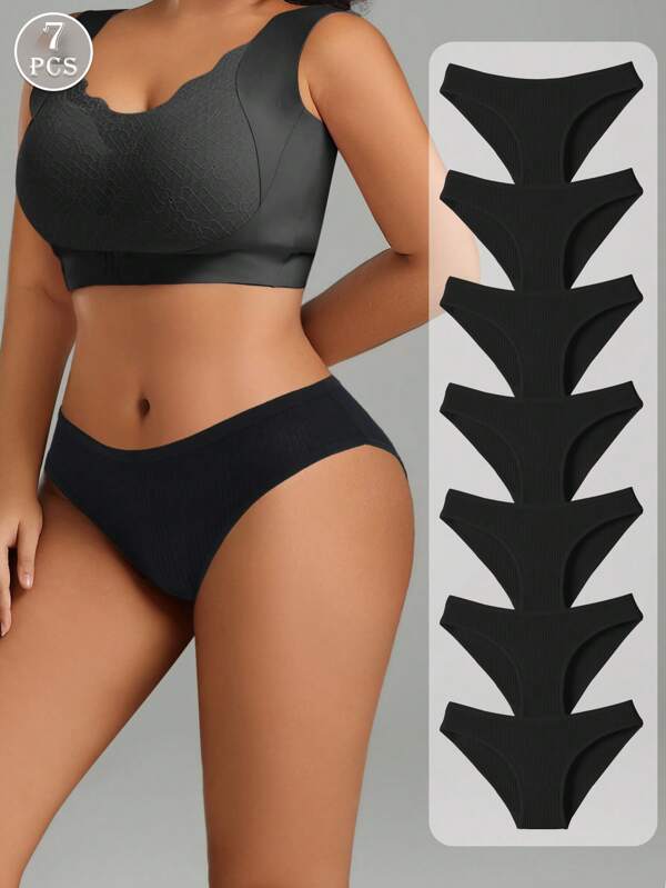7pcs/Pack Women's Low Waist Black Cotton Ribbed Briefs, Comfortable, Minimalist, Soft & Skin-Friendly Underwear