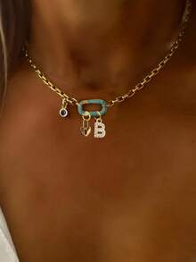 STYLEVER 1件装金色A-Z 26字母项链，绿松石钻石椭圆形扣链，搭配金色珠子项链和不锈钢链，独特优雅风格 - 金黃色 - 查看 3