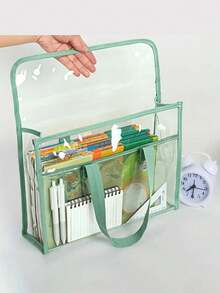 1 件透明防水 PVC 手提袋，带可扩展网眼储物袋 - 便携式办公用品、学校文件等 - 粉色、绿色、蓝色、黄色可选，文件储物袋 | 时尚储物袋 | PVC 储物袋、返校、学校用品