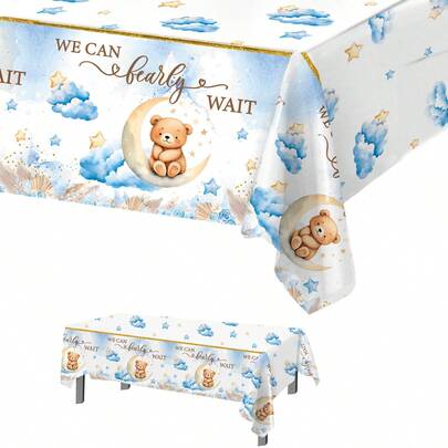 1件装蓝色小熊图案婴儿派对桌布，可爱蓝色小熊图案一次性防水桌旗，非常适合装饰女宝宝一周岁性别揭晓派对、家庭活动、婴儿派对装饰、性别揭晓派对桌布、婴儿派对礼物、餐桌橱柜吧台桌布，易于清洁