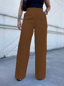 FASHION MO, REF: 4714 | Women's Wide-Leg Pants, High Waist, Functional Side Pockets, Romantic Fabric With Lycra Cotton Polyester Elastane, Stylish Bell Bottom, Monsca Zipper, Hip-Lifting Design, Super Comfortable Fit, Elegant And Versatile Social Piece For Everyday Wear - 巧克力棕 - 查看 4