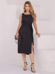 Women's Dress With Sophisticated Fit And Front Knot Knot Knot At The Front - 黑色 - 查看 1