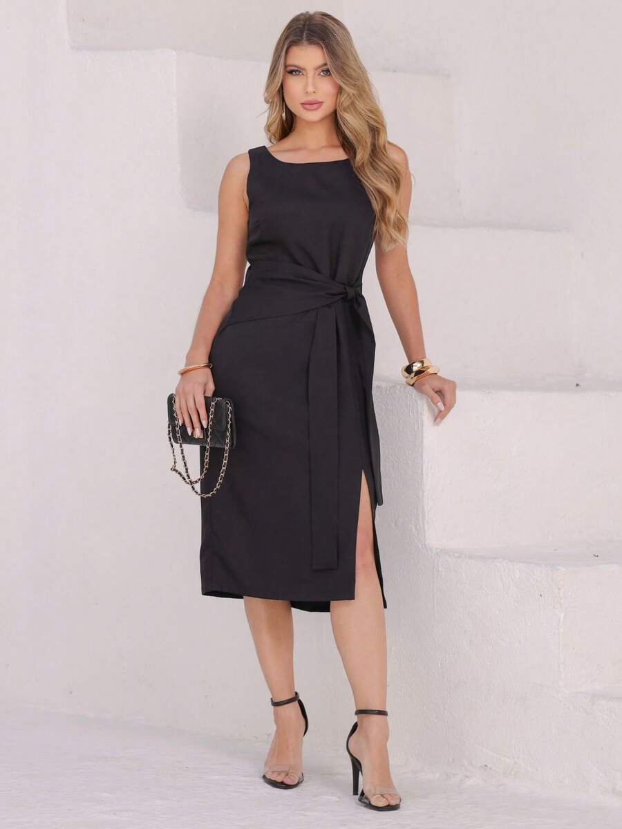 Women's Dress With Sophisticated Fit And Front Knot Knot Knot At The Front - 黑色 - 查看 1