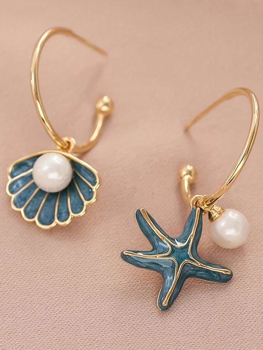 1 Pair Of Bohemian Seashell Starfish Pendant Earrings For Women, Gold Zinc Alloy With Faux Gemstones, Elegant Casual Wear And Perfect Gift For Valentine's Day Or Party, Earrings - Nhiều màu - Xem 1