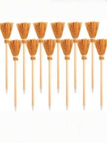 2/4/8pcs Witch Broom Pen - Halloween Magic School Supplies, Natural Brown Broom Pattern - Wooden Writing Pen. Wooden Pole Pencil Back To School Gift, Suitable For Beginners And Halloween Decoration Magic Wand Pencil Witch, Horror Themed Decoration Home Decor Room Decor