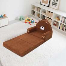 Kids Couch, 2-In-1 Convertible Soft Sherpa Fabric, Toddler Chairs Comfy 1-5 Years Old, Cartoon Animal & Crown Design, Toddler Furniture For Bedroom And Playroom, Bear, Medium - 棕熊三折 - 查看 3