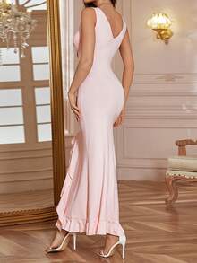 WOWDARK 夏季纯色连衣裙，时尚性感V领荷叶边开衩派对连衣裙，优雅女士长裙，适合情人节、约会、聚会、派对、旅行、度假、海滩等场合。 - 粉色 - 查看 6