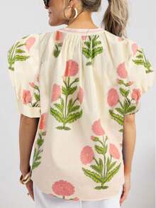 Women Y2k Boho Floral Cap Sleeve Peplum Blouses Front Button Down Ruffle Flowy Crop Top Summer Going Out - Beige - View 2