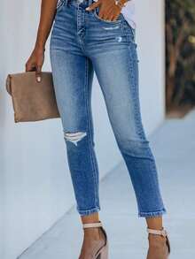 High-Waisted Skinny Jeans For Women With Tapered Legs, White Water-Washed, 25 Years Old, Summer Style, Tight-Fitting To Show The Slender Legs. - 淺色水洗藍 - 查看 4