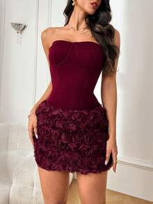 WOWDARK 夏季连衣裙，酒红色，时尚 3D 立体花卉纹理无肩带修身派对连衣裙，优雅女士款，适合情人节、约会、聚会、派对、旅行、度假、海滩等场合。 - 酒紅色 - 查看 6