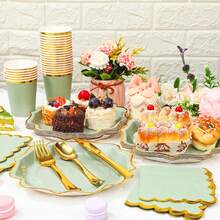 80件/套一次性派对不对称金箔餐具套装，包含绿色金箔不对称盘子、一次性杯子、餐巾，适用于节日、生日、聚会 - 綠色 - 查看 4