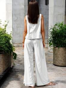 Conjunto Blanco Minimalista Tela Fresca y Ligera Pantalón Palazzo Holgado Ideal Para Oficina Brunch o Vacaciones Ropa Mujer Outfit Elegante Casual - Blanco - Ver 3