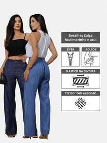 Women's High Waisted Flared Jeans With Elastic Waistband - 藏蓝色 - 查看 2