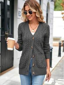 Women's Long Sleeve Loose Knit Cable Open Front Button Down Cardigan Sweater Outerwear Coat With Pockets - 深灰色 - 查看 3