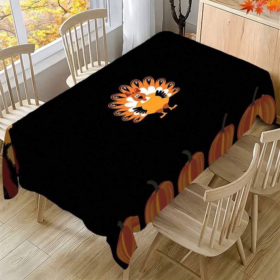 1/20pcs Autumn Thanksgiving Tablecloth, Luxurious Black Background Embellished With Orange Pumpkin And Cute Turkey Pattern Autumn Tablecloth, Suitable For Restaurant, Kitchen, Thanksgiving Decoration, Holiday Party Essential, Perfect Match Home Decoration