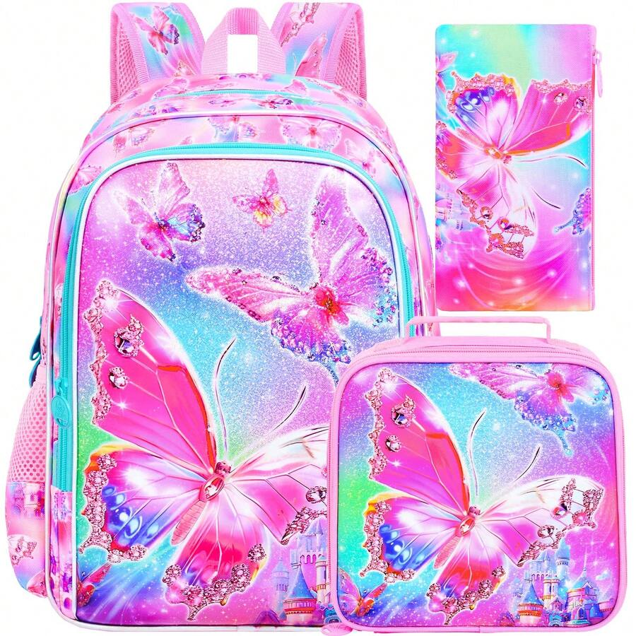 3pcs/Set Girls Backpack, Butterfly Backpack Set With Lunch Box, Cute Elementary School Backpack Suitable For Preschool Children - Backpack - View 1