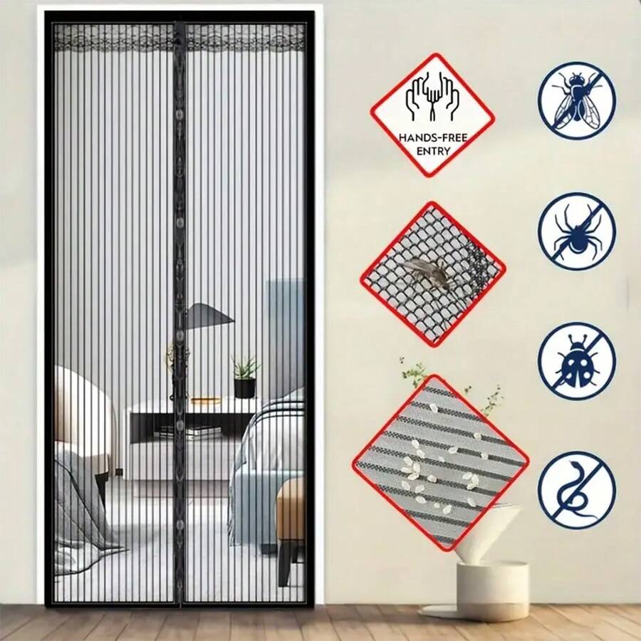 AIYYIPA 1 件（适用于标准门），免提开启，防虫，耐用网状磁性纱门，现代黑色双面板款式。精致编织细节，自动关闭通风，适合日常居家，夏季防蚊场景，适合客厅和卧室