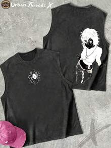 Cotton Washed Crew Neck Tank Top, Anime Character Art Print, Vintage Washed Craft, Daily Casual Outfit - màu đen - Xem 1