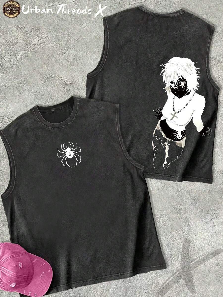 Cotton Washed Crew Neck Tank Top, Anime Character Art Print, Vintage Washed Craft, Daily Casual Outfit - màu đen - Xem 1