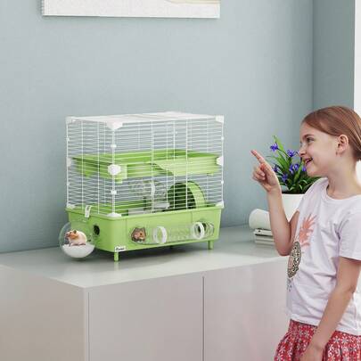 PawHut Cage pour hamsters à 2 niveaux, habitat pour petits rongeurs avec roue de course, salle de bain en sable, système de tuyaux, pour hamster nain, 44,5 x 28 x 44 cm, vert