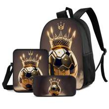 3 件套足球、皇冠、彩色、金色足球皇冠主题背包套装 - 斜挎包、铅笔盒和储物袋、耐用涤纶、轻便、时尚混色 - 15吋雙肩包3件套裝 - 查看 4
