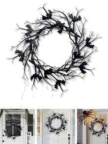 Halloween Wreath For Front Door, Halloween Black Garland Decorations, Artificial Black Twig Wreath With Glitter Bats, For Halloween Party, Porch, Front Door, Indoor, Outdoor, Farmhouse, Holiday Home Decor Halloween Decor Room Decor - Black - View 11