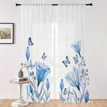2 pezzi di tenda velaria semi-trasparente e leggera, 52" di larghezza x 63" di lunghezza, con stampa floreale semplice di farfalle e uccelli, tende decorative in voile dal design moderno e semplice - Multicolore - Visualizzare 5
