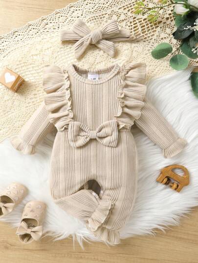 2pcs/Set Baby Girls Soft Breathable Plain Color Romper With Ruffle Trim & Bow Accent, Sweet & Cute
