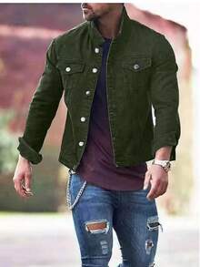 Men's Slim Casual Cotton Denim Jacket Coat - 軍綠色 - 查看 4