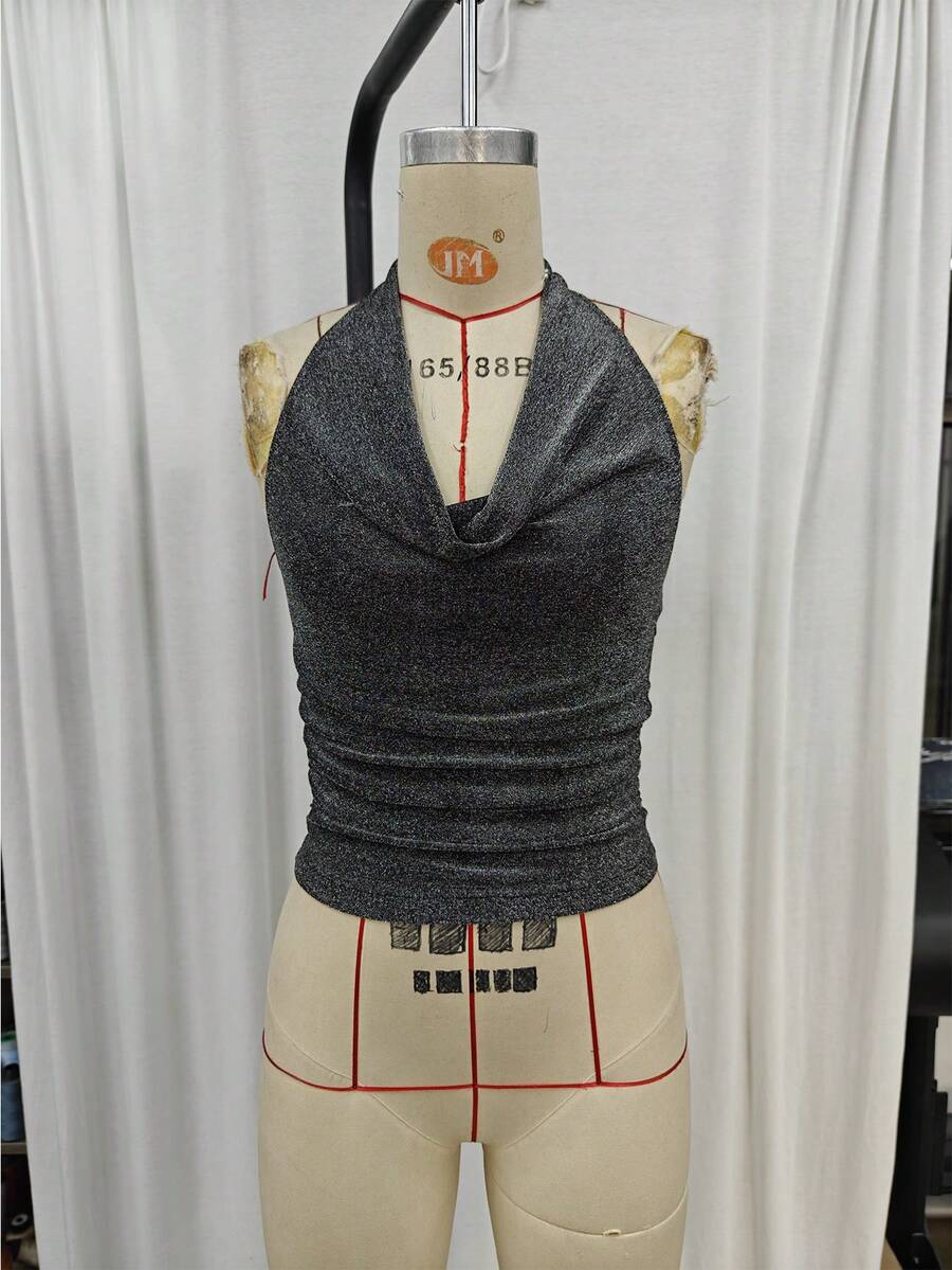Black Metallic Shiny Collar Halter Backless Ruched Fitted Sexy Tank Top - Black - View 1