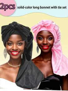2 件长款缎面帽子粉色缎面蝴蝶结编织大号帽子女士舒适透气睡帽带松紧带温和呵护秀发均码 - 2pcs(黑色+粉紅色) - 查看 3