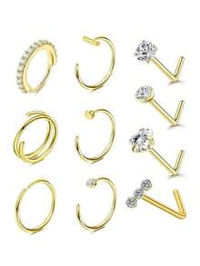 Conjunto de 10 peças de argolas de nariz em formato de L, 20g, douradas, piercing de nariz feminino, argola de nariz, aço inoxidável 316L, argolas de nariz em formato de L, parafuso de argola de nariz, pacote de prata para mulheres e homens, piercing de lábio, conjunto de joias de piercing corporal feminino, argolas de nariz para mulheres, piercing de nariz, joias de septo, piercings falsos, pino de nariz, piercing falso - 10 peças/conjunto - Ver 15