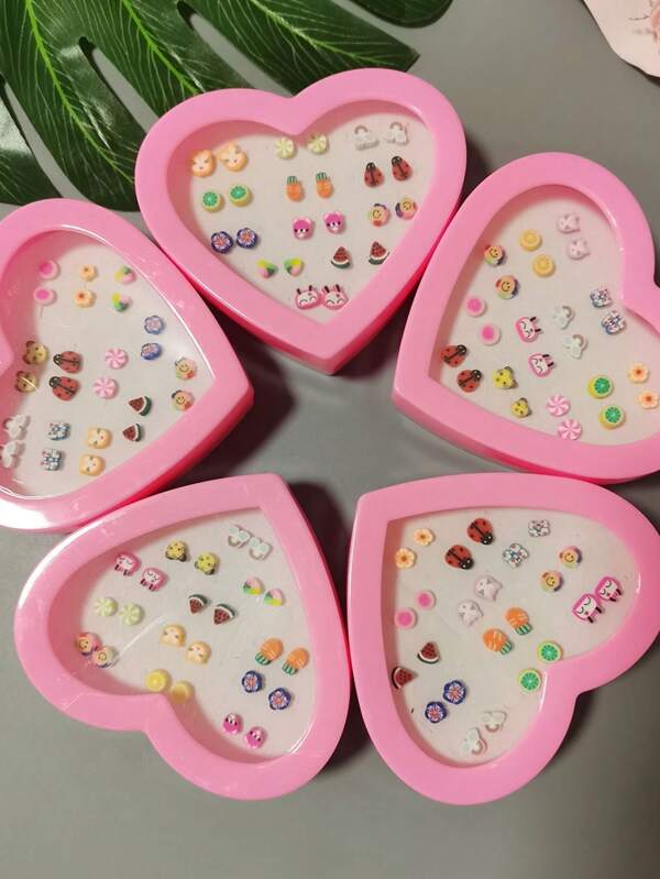 12 Pairs +Box Mini Lovely Stud Earrings For Girls Assorted Styles Polymer Clay For Kids Children Earring Random Send