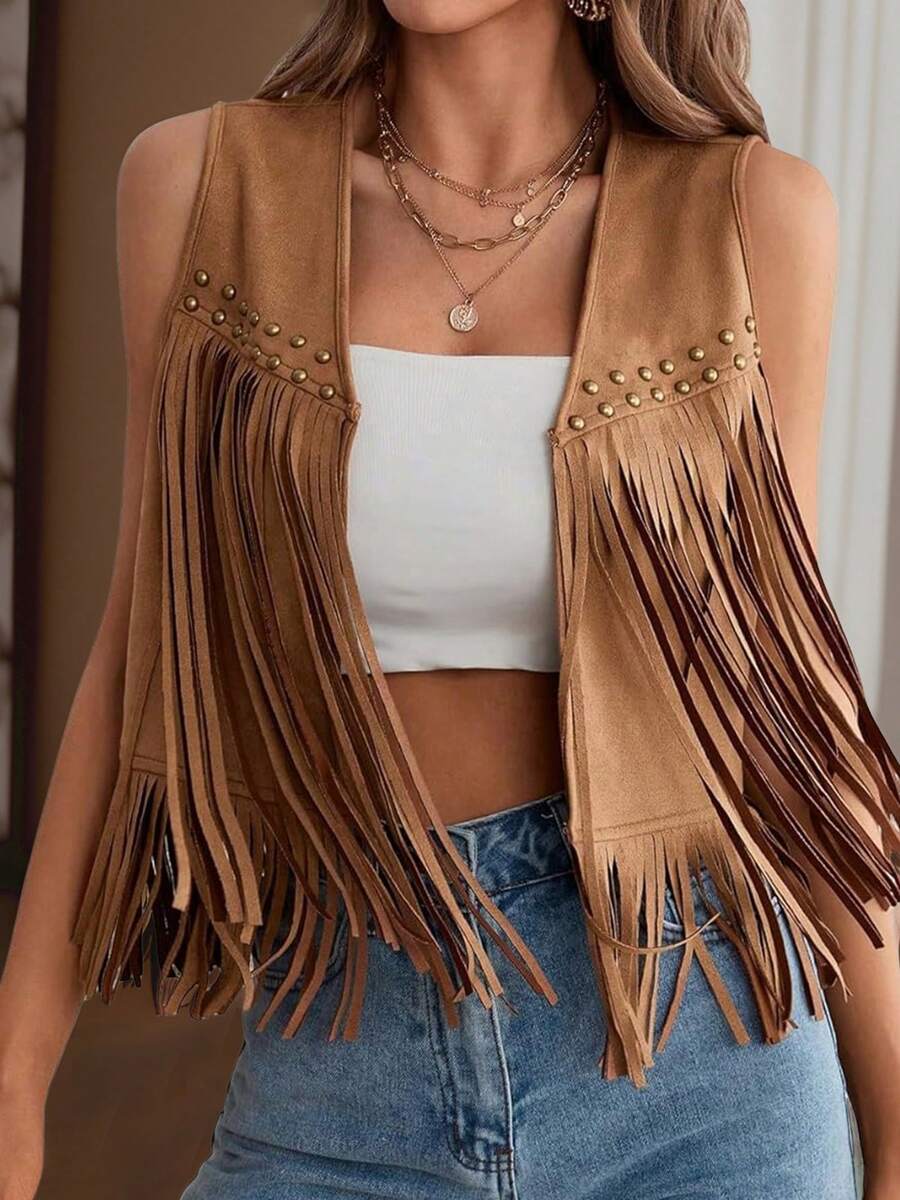 Chaleco de gamuza con borlas para mujer, estilo hippie de los años 70, sin mangas, con abertura frontal, chaqueta estilo western - marrón - Ver 1