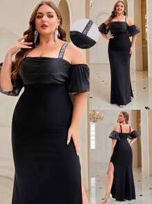 NIKBK 加大码黑色紧身长裙 - 露肩透视泡泡袖，水钻装饰肩带，缎面褶饰紧身胸衣，高腰侧开衩，及地下摆 | 优雅正式礼服，适合黑色领带晚会、舞会、婚宴和精致晚会场合 - 黑色 - 查看 3