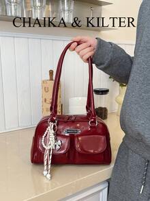 1件 CHAIKA & KILTER 女士纯色亮面PU皮革单肩包，时尚多口袋大容量波士顿保龄球包，带拉链封口，适合日常和户外使用（附赠吊坠） - 酒紅色 - 查看 9