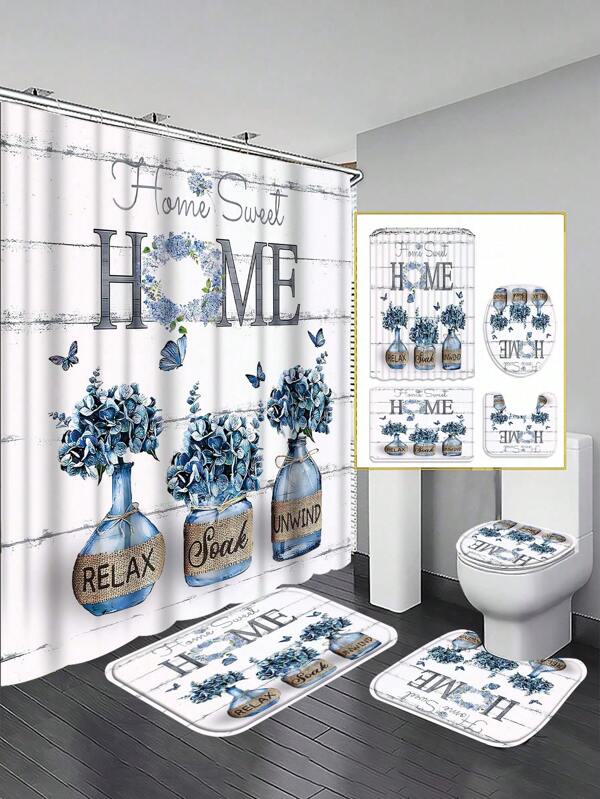4pcs Sweet Home Shower Curtain Sets With Rugs, Sweet Home Bathroom Shower Curtain Set With Rugs, Toilet Lid Cover And Bath Mat, Modern Bathroom Decor With Bath Mats And 12 Plastic Hooks